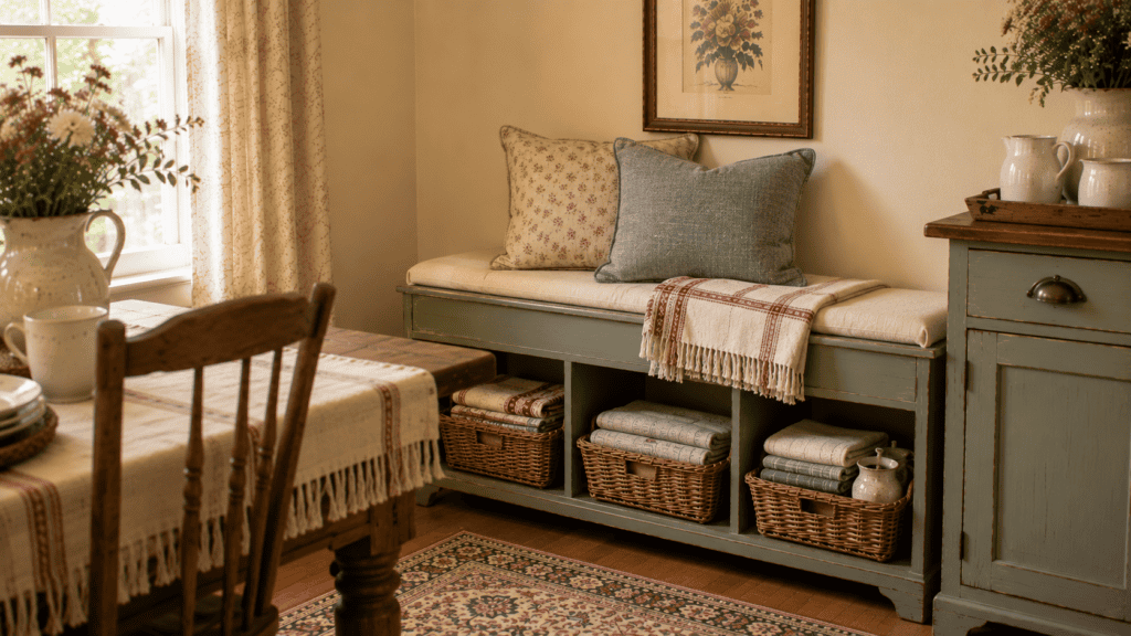 bench with woven baskets holding folded linens