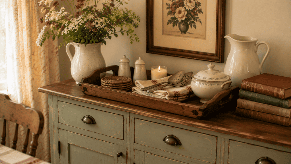 Decorative tray organizing cloth napkins, coasters, serving utensils, candles, and cream ceramics on a painted sideboard.