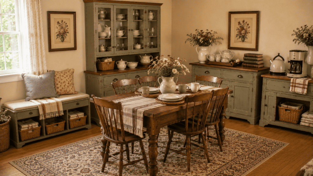 a vintage hutch, painted sideboard, storage bench, woven baskets, and organized dining essentials.