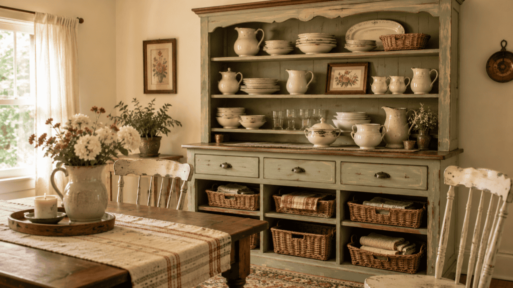 Vintage painted hutch displaying everyday dishes, cream ceramics, woven baskets, and practical cozy cottage dining room storage.