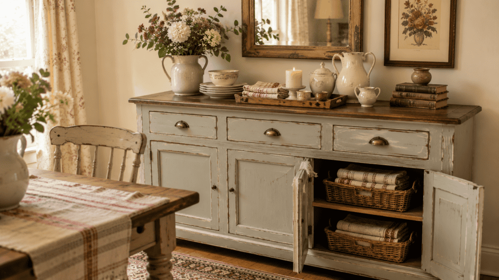 Painted vintage sideboard with neatly folded table linens stored inside woven baskets for cozy dining room storage.