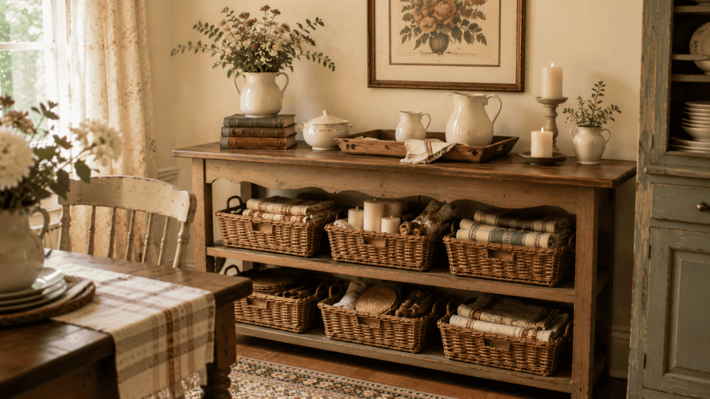Woven baskets beneath a console table organizing table runners, napkins, candles, and entertaining supplies in a cozy cottage dining room.
