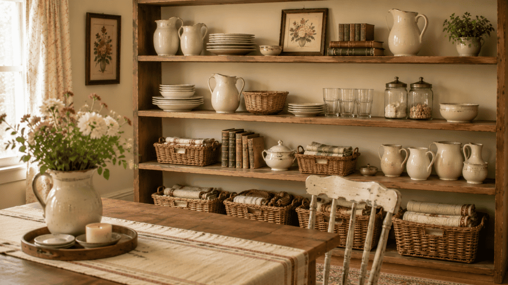 Open wooden shelves styled with dishes, cream ceramics, woven baskets, glass jars, and folded linens.
