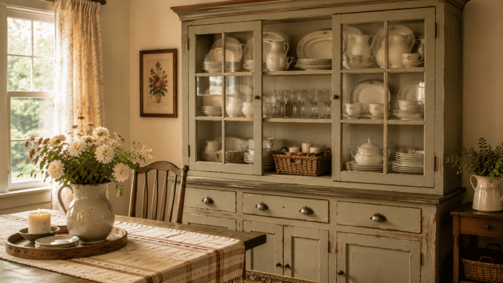 Vintage china cabinet with glass-front doors displaying serving dishes, glassware, cream ceramics, and woven baskets in a cozy cottage dining room.