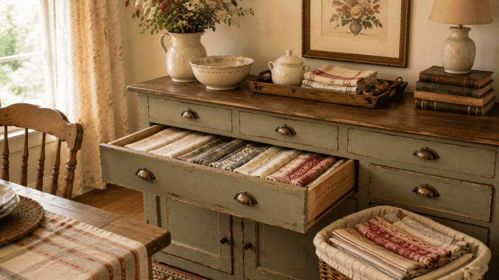 Open drawer in a painted sideboard with neatly folded cloth napkins, placemats, and table runners organized by color.