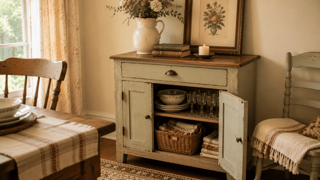 Small painted vintage cabinet storing serving bowls, folded tablecloths, glasses, and woven baskets in a cozy cottage dining room.