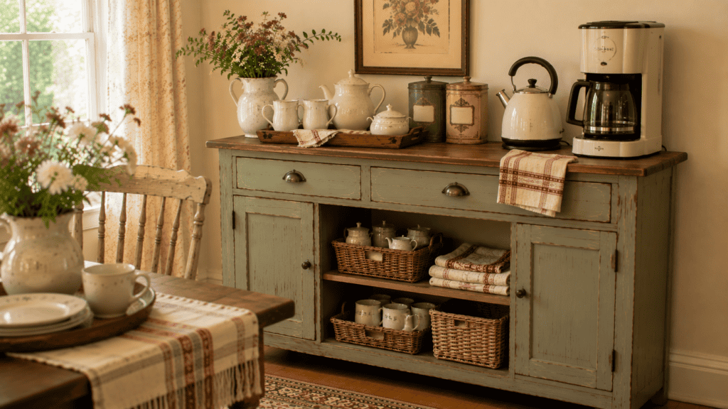 coffee and tea station with mugs, cream ceramic teapot, woven baskets, and vintage-inspired dining room storage.