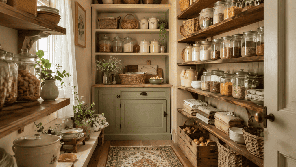 Cozy cottage pantry with open wooden shelves, glass jars, woven baskets, cream canisters, folded linens, and a sage green storage cabinet.