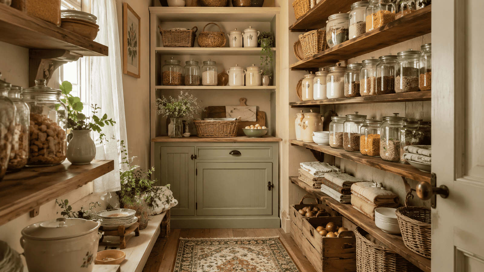 Cozy cottage pantry with open wooden shelves, glass jars, woven baskets, cream canisters, folded linens, and a sage green storage cabinet.