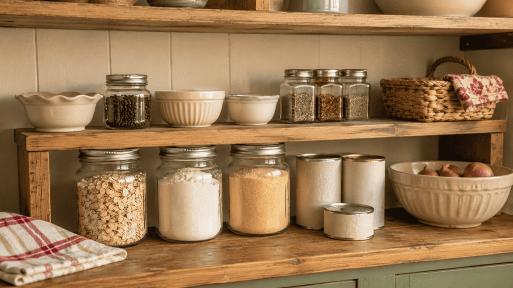 Wooden pantry shelf riser creating two levels for glass jars, cream bowls, spice jars, canned goods, a woven basket, and a folded towel.