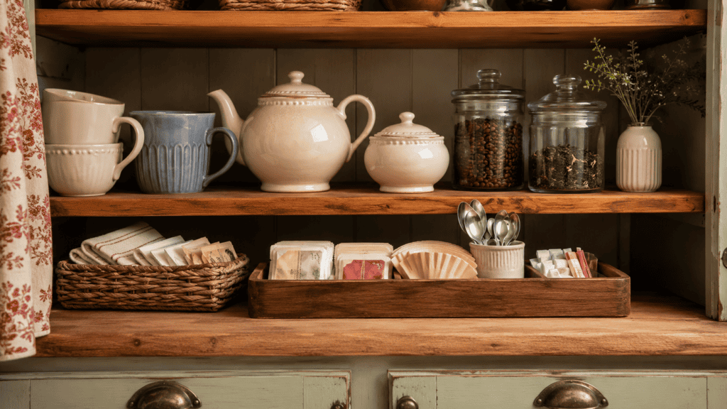 Cozy cottage pantry coffee and tea shelf with cream and blue mugs, a ceramic teapot, sugar bowl, glass jars, wooden tray, and woven basket.