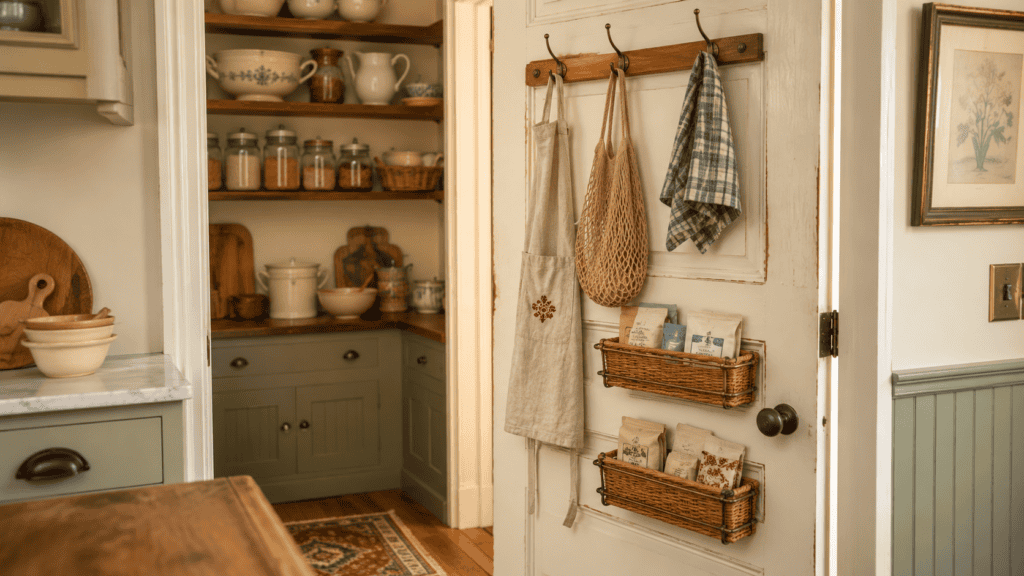 Framed cottage pantry door with brass hooks holding an apron, cloth bag, and towel above shallow woven baskets for lightweight packets.