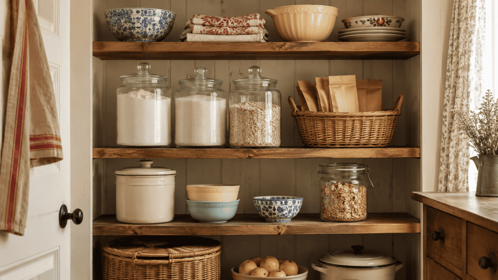 Cottage pantry shelves grouped into baking, snack, and breakfast areas with glass jars, a woven basket, cream canisters, bowls, and folded linens.