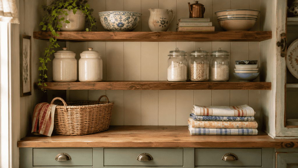 Uncluttered cottage pantry shelves with open space between cream canisters, glass jars, bowls, a woven basket, and folded kitchen linens.