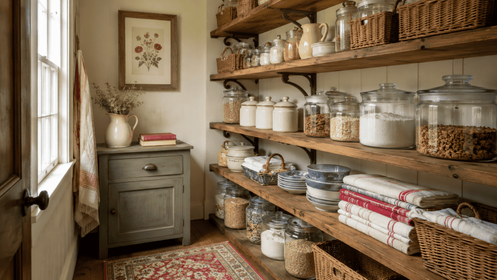 Finished cozy cottage pantry with wooden shelves, glass jars, cream canisters, woven baskets, folded linens, stacked dishes, and a sage cabinet.
