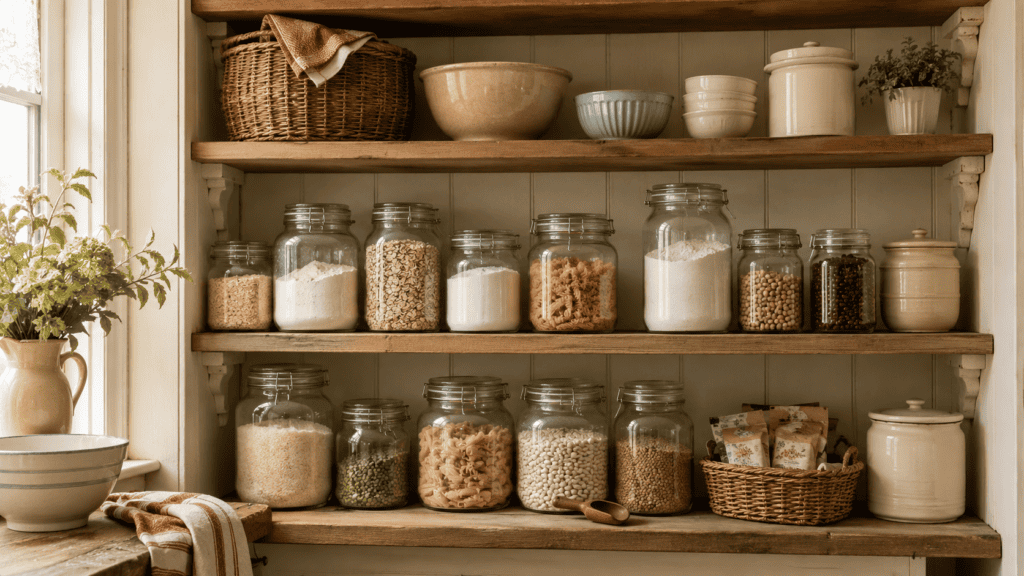 Open wooden pantry shelves with glass jars of dry goods, cream canisters, stacked bowls, a woven basket, and soft cottage-style details.