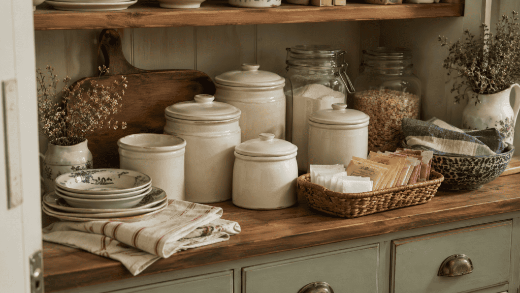 Cream ceramic canisters on a wooden pantry shelf with glass jars, folded linens, patterned dishes, and a muted sage cabinet below.