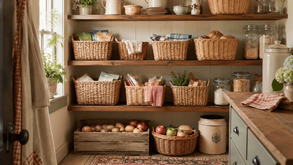 Cozy cottage pantry with woven baskets on open shelves, glass jars, produce in a wooden crate, and warm natural light.