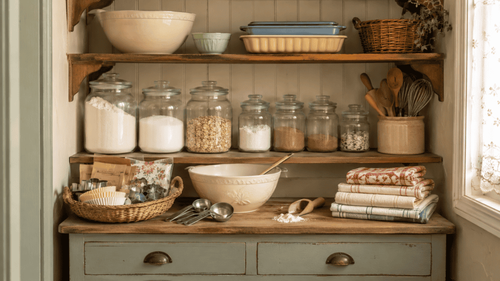 Small cottage pantry baking station with glass jars of baking ingredients, a cream mixing bowl, measuring spoons, folded towels, and a muted sage cabinet.