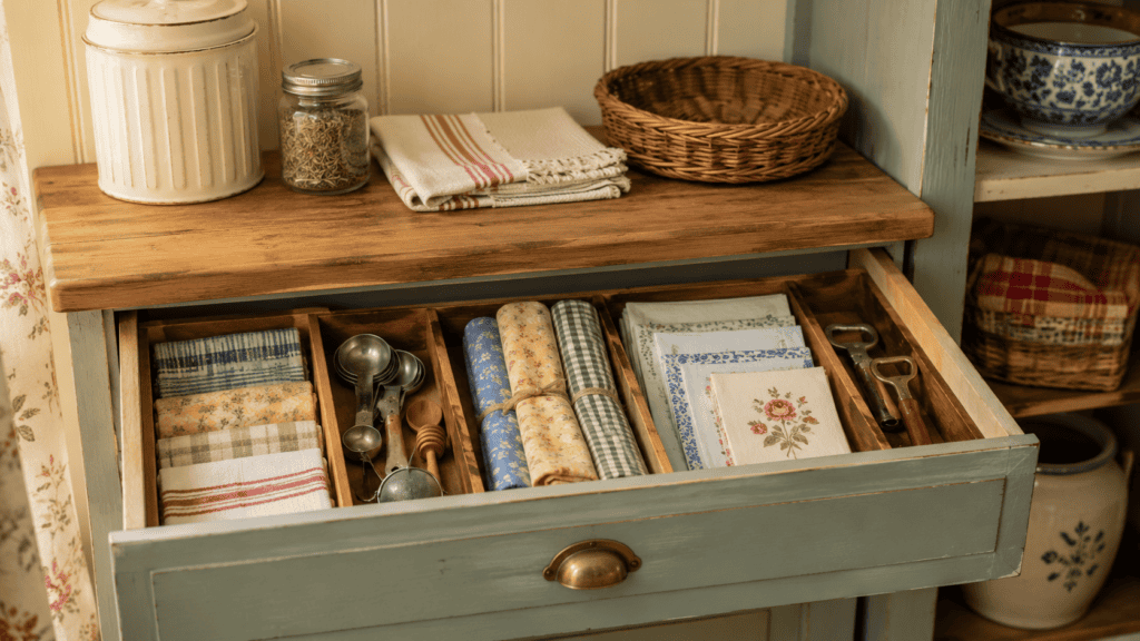 Open muted-sage pantry drawer with wooden dividers organizing measuring spoons, folded towels, reusable wraps, napkins, and small kitchen tools.