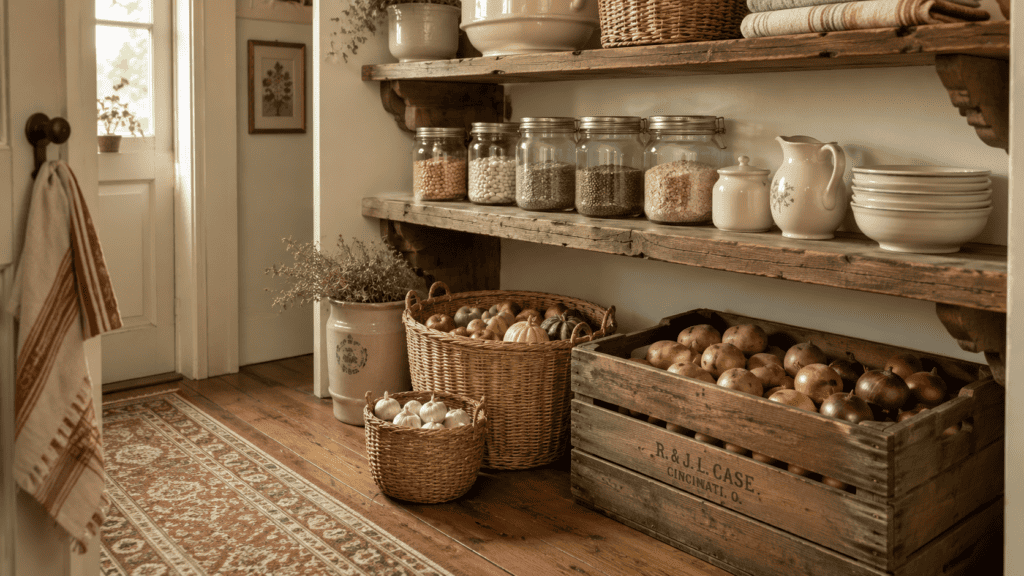 Cozy cottage pantry with potatoes and onions in a wooden crate, apples and squash in a woven basket, garlic in a smaller basket, and open shelves above.
