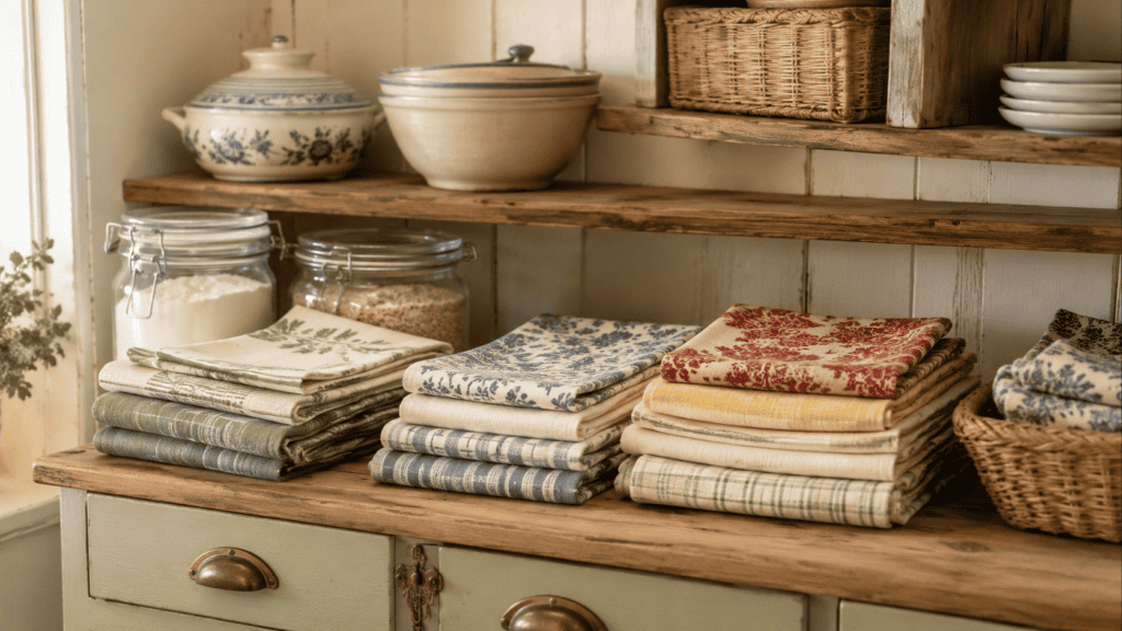 Neatly folded cottage kitchen linens in cream, sage, dusty blue, pale yellow, and faded red arranged beside glass jars and vintage bowls.