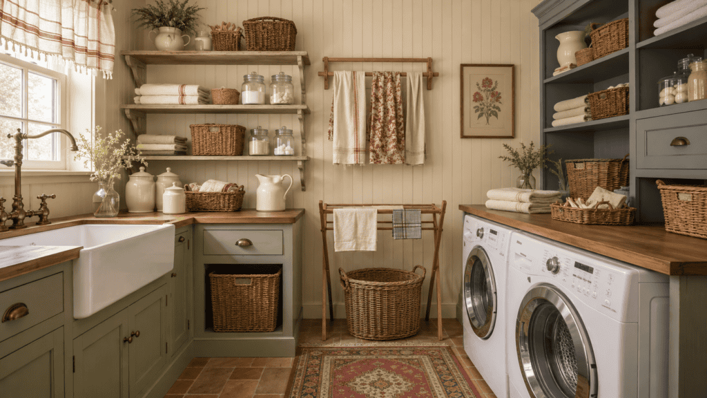 Cozy cottage laundry room with open shelves, woven baskets, glass jars, a farmhouse sink, drying rack, and front-loading washer and dryer.