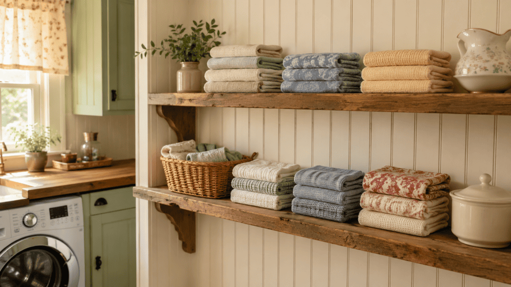 Open wooden laundry room shelves with neatly folded towels and linens in cream, sage, dusty blue, pale yellow, and faded red.