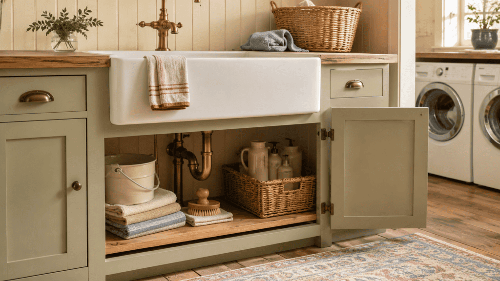 Farmhouse utility sink with muted-sage cabinetry and open under-sink storage holding folded cloths, a bucket, brush, basket, and plain supply containers.