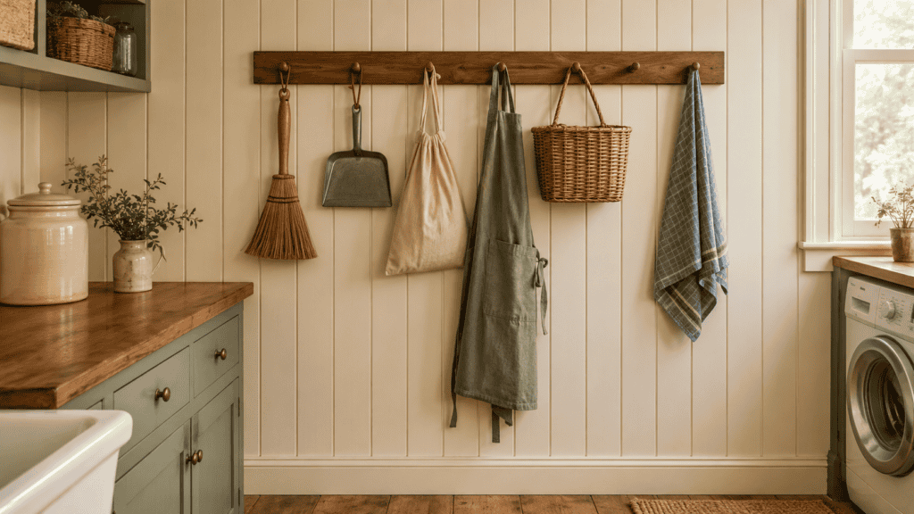 Wooden peg rail in a cottage laundry room holding a natural-bristle broom, dustpan, cloth bags, apron, woven basket, and blue towel.