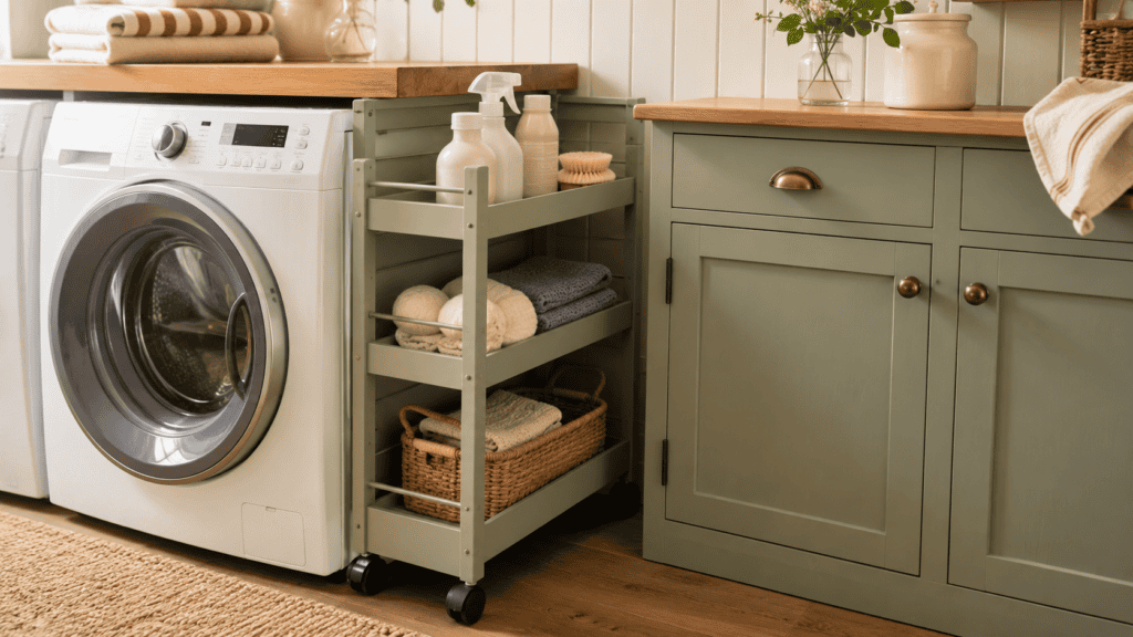 Slim muted-sage rolling cart beside a front-loading washer holding plain laundry containers, folded cloths, dryer balls, a brush, and a woven basket.