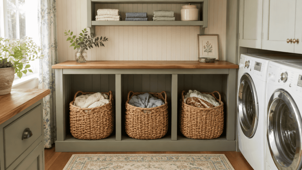 Cozy cottage laundry sorting station with three woven baskets beneath a wooden counter holding cream, dusty-blue, sage, and red-accented laundry.