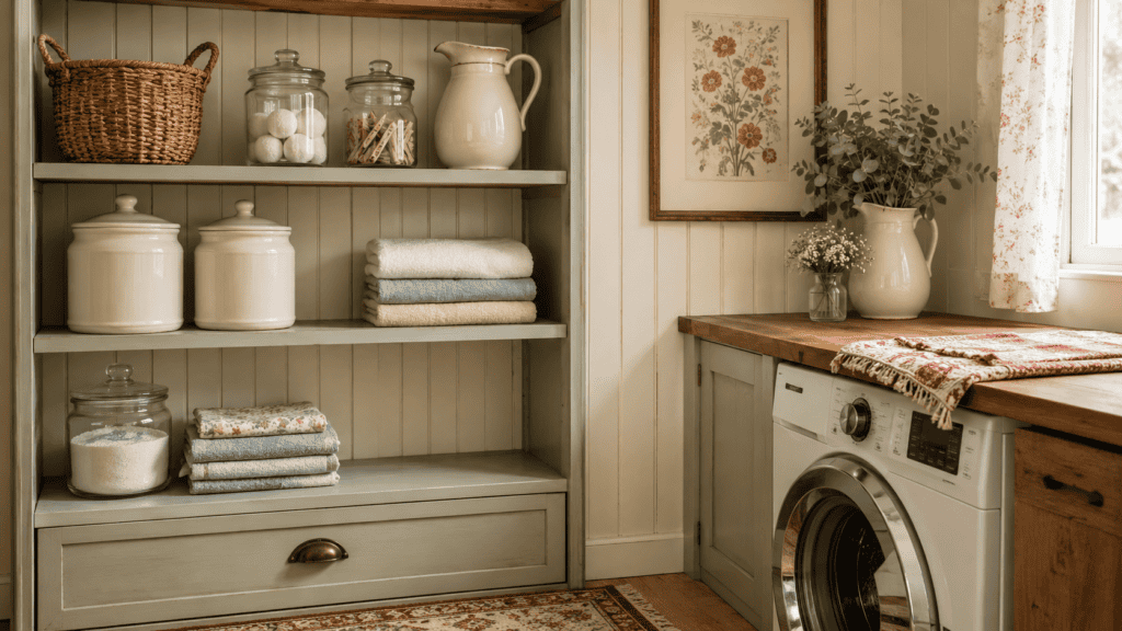 Cozy cottage laundry storage corner with jars, cream canisters, folded cloths, a woven basket, and intentional open shelf space for new supplies.