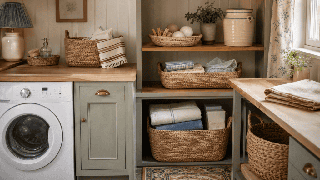 Soft woven baskets organize clothespins, dryer balls, cleaning cloths, towels, and laundry supplies in a cozy cottage laundry room.