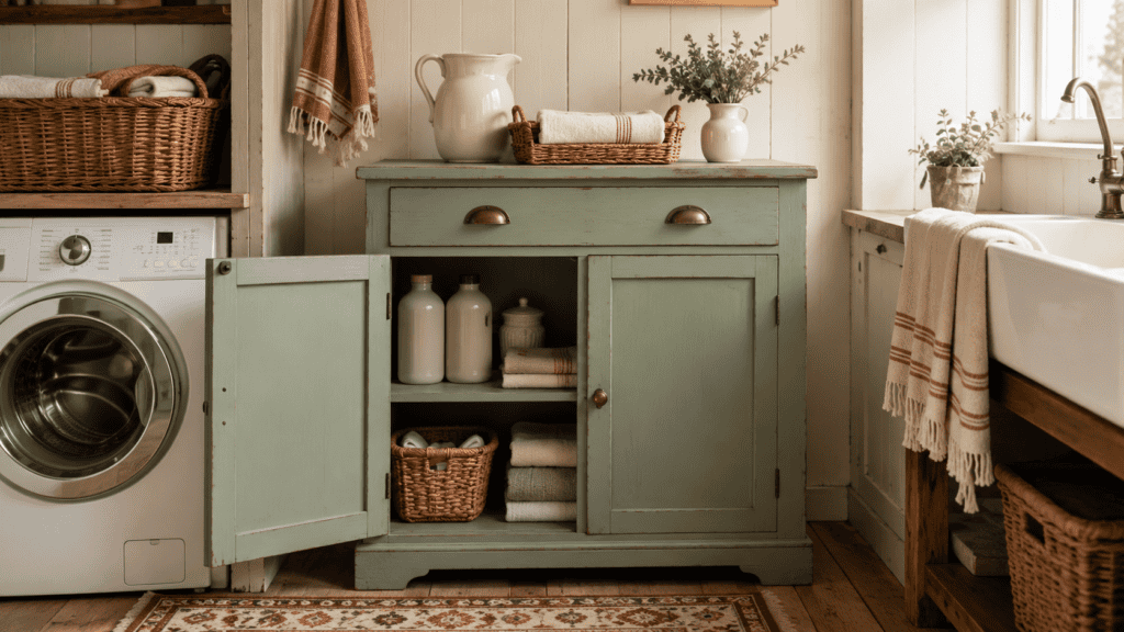 Muted sage vintage-style laundry cabinet with one open door revealing folded towels, plain refill containers, cream ceramics, and a small woven basket.