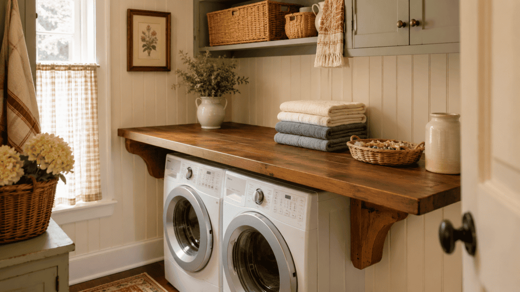 warm wooden folding counter above a front-loading washer and dryer, folded towels, a shallow basket, and soft vintage-style details.