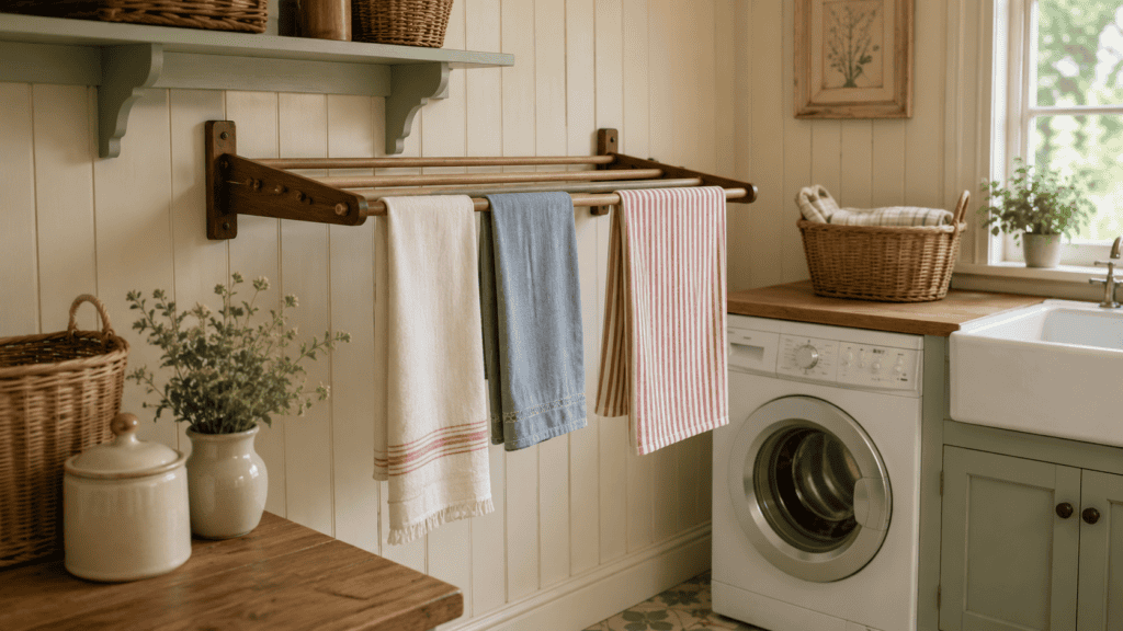 Wall-mounted wooden drying rack with lightweight linens hanging neatly beside a washer, sink, and warm wood counter.