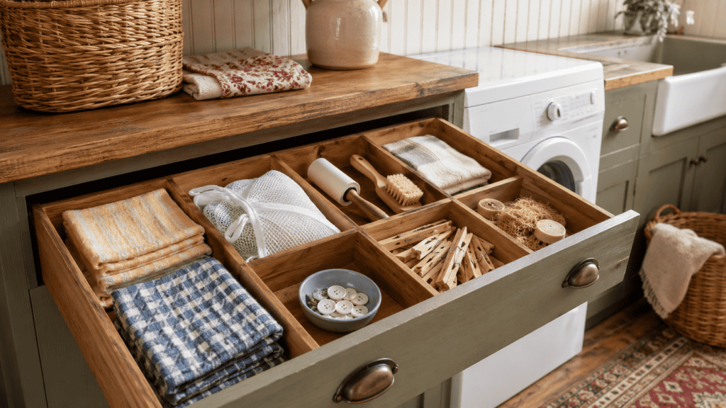 Open laundry room drawer with wooden dividers organizing cloths, mesh washing bags, a lint roller, brush, buttons, and clothespins.