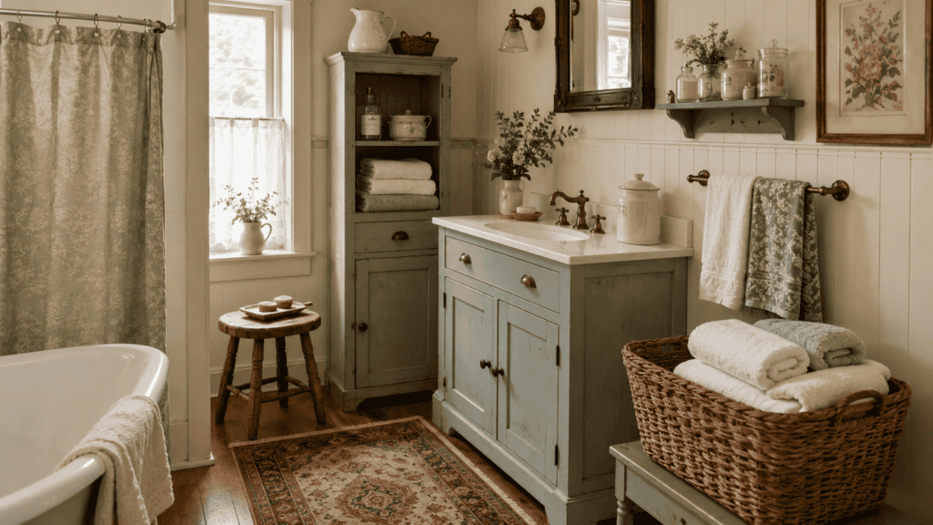 Cozy cottage bathroom with a painted vintage-style vanity, linen cupboard, woven towel basket, wall shelf, and charming storage details.