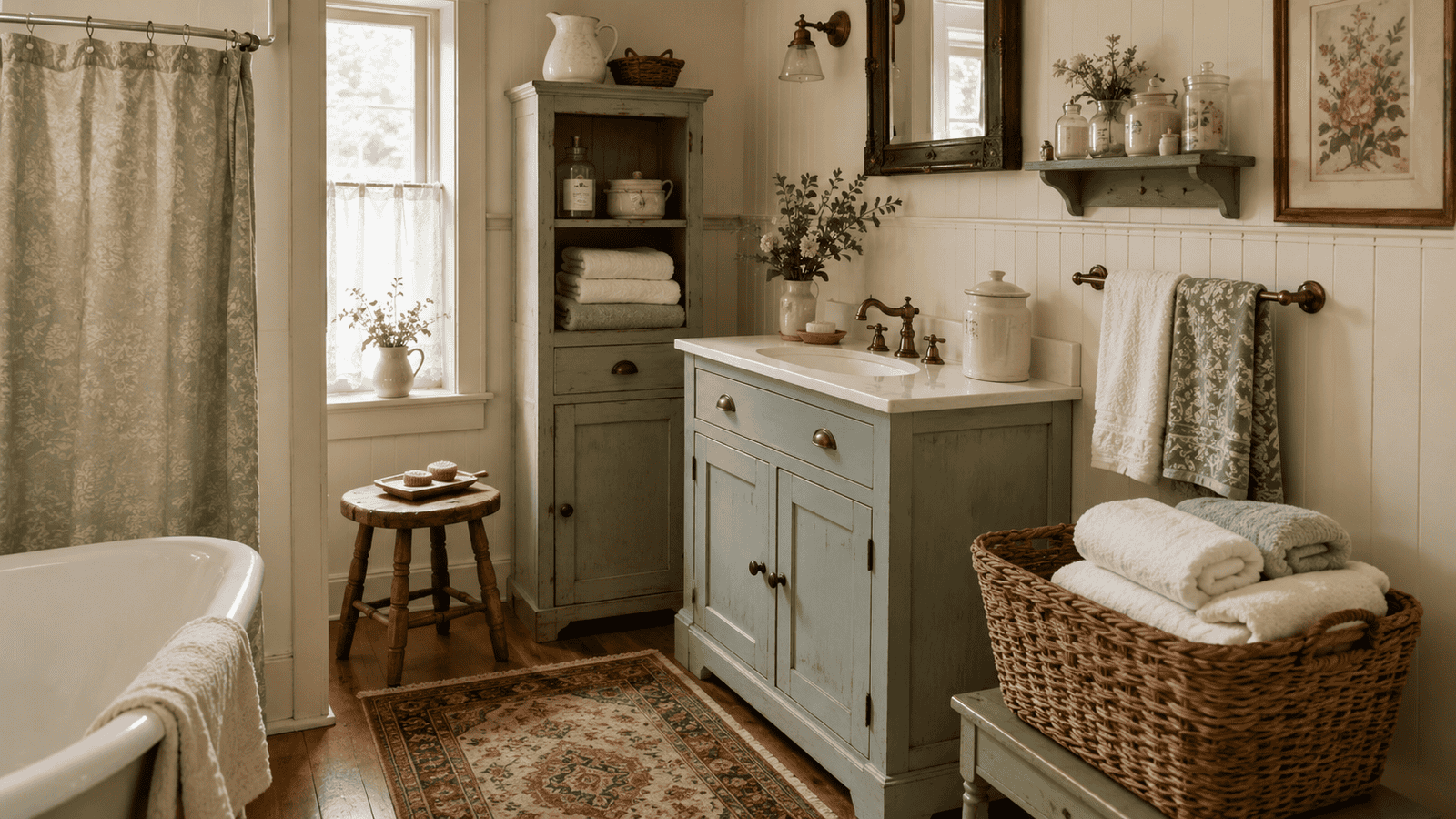 Cozy cottage bathroom with a painted vintage-style vanity, linen cupboard, woven towel basket, wall shelf, and charming storage details.