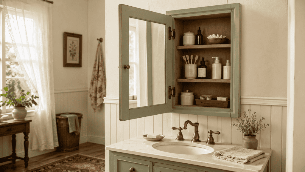 Cozy cottage bathroom storage with an open sage medicine cabinet, organized neutral toiletries, a brass faucet, and a painted vanity.