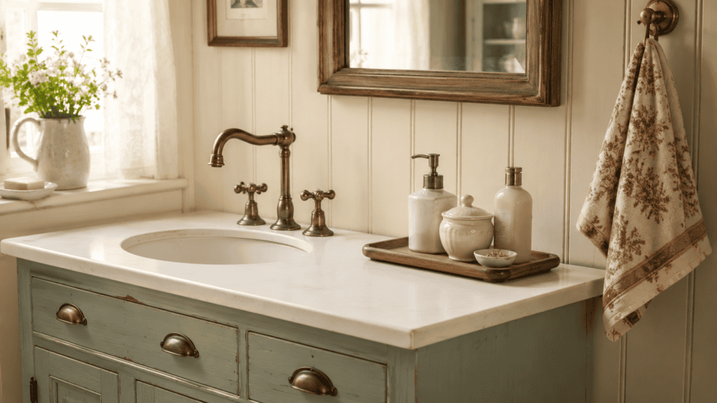 Painted cottage bathroom vanity with a small wooden tray holding neutral soap dispensers, a ceramic jar, and a tiny jewelry dish.