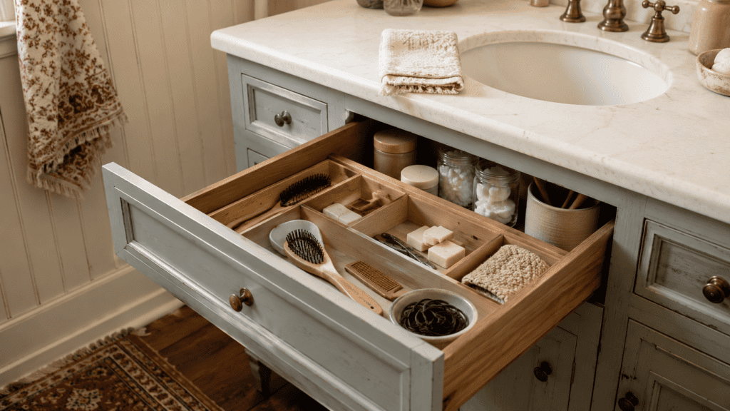 Cozy cottage bathroom storage with an open vanity drawer, wooden dividers, hairbrushes, soaps, cleansing pads, and grooming tools.