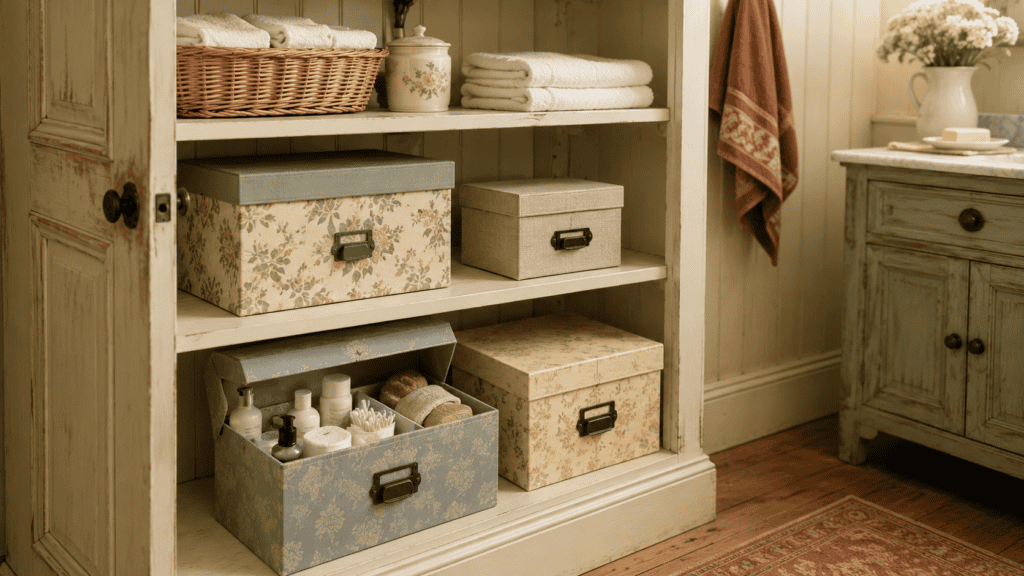 Vintage bathroom linen cabinet with floral storage boxes, folded towels, a woven basket, ceramic container, and hidden backup toiletries.