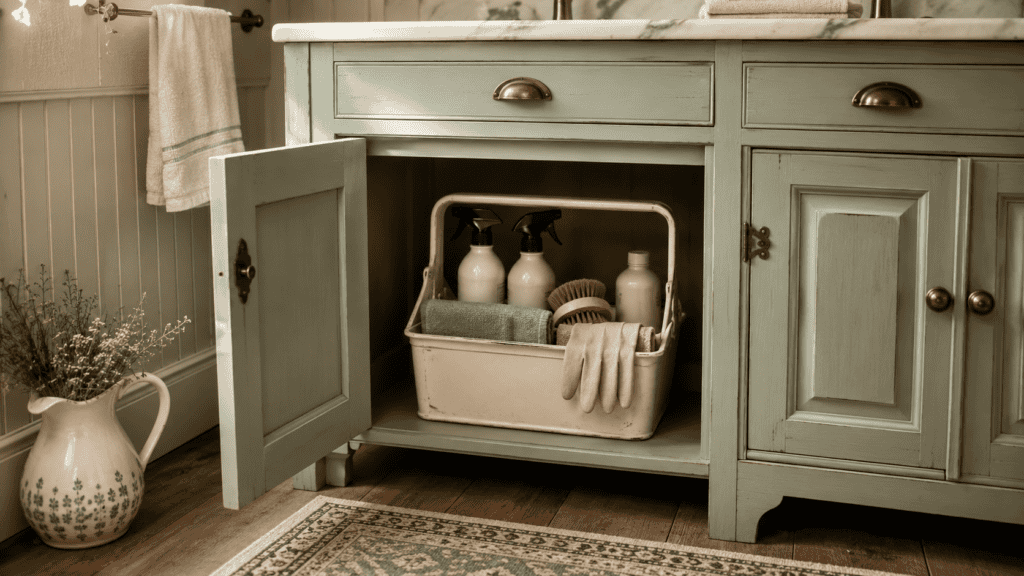Cozy cottage bathroom storage with a portable cleaning caddy, neutral spray bottles, cloths, brushes, and gloves inside a sage vanity cabinet.
