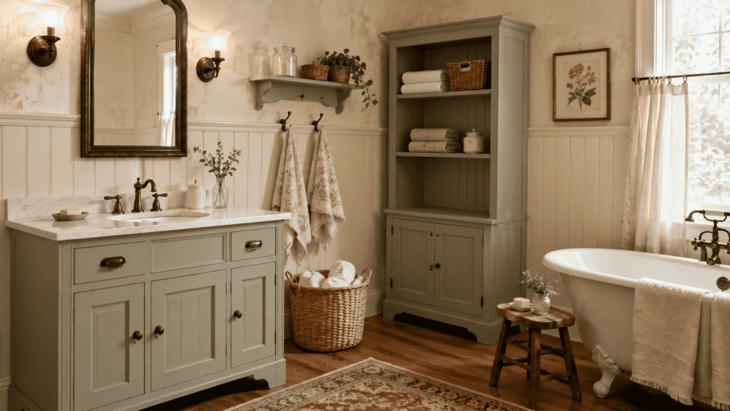 Finished cottage bathroom with a painted vanity, tall linen cabinet, woven towel basket, open shelving, bathtub, and intentional empty storage space.