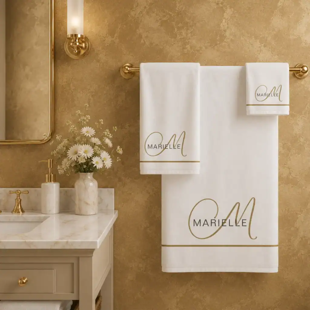 Gold wall with white monogrammed towel set.