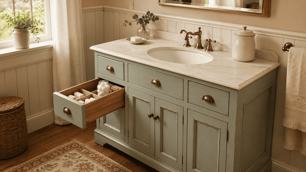 Cozy cottage bathroom storage with a painted sage vanity, closed cabinets, brass hardware, and an organized open drawer.