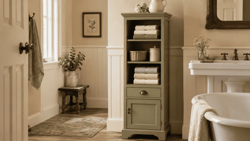 Tall vintage-style linen cabinet with folded towels, a woven basket, ceramic storage, and open shelving in a cozy bathroom.