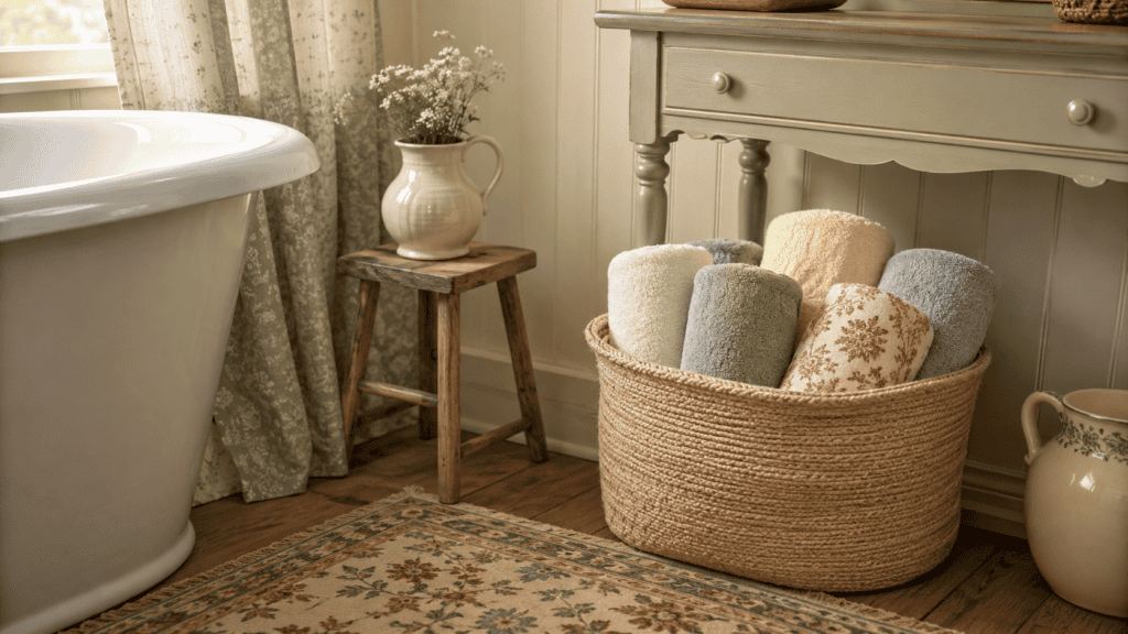 Cozy cottage bathroom storage featuring a soft woven basket filled with cream, sage, blue, yellow, and patterned towels.